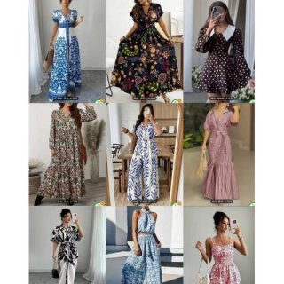A collection of nine formal dresses featuring various patterns and designs, perfect for special occasions.