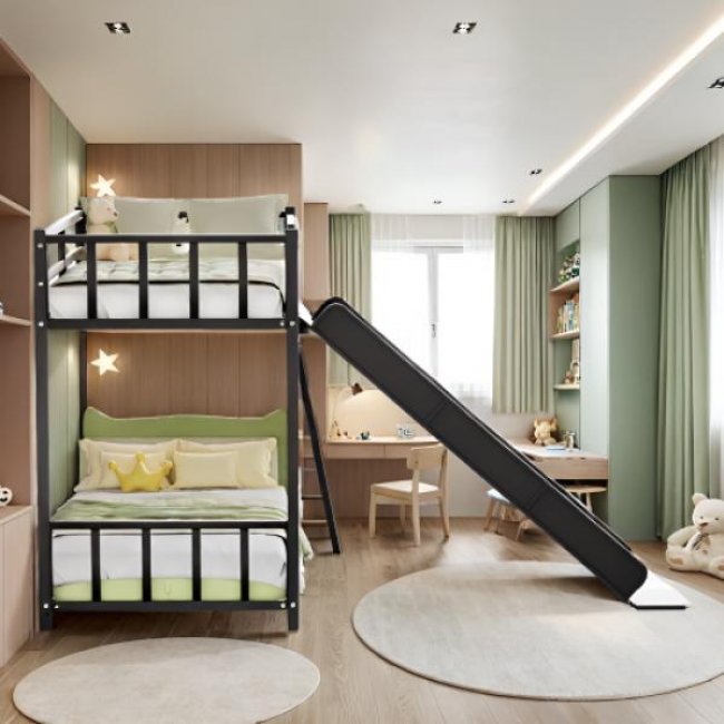 A bunk bed with a slide, featuring two beds stacked on top of each other, perfect for kids rooms. includes a slide for fun an...