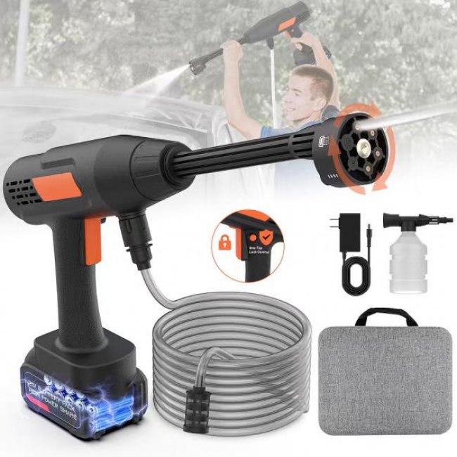 Portable high-pressure washer with 110-piece clearance kit, ideal for cleaning vehicles and tools efficiently. includes power...