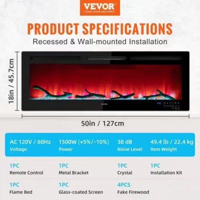 Vevor 50 Inch Electric Fireplace - Adjustable Flame & Speed | Wholesale Direct - Image 5